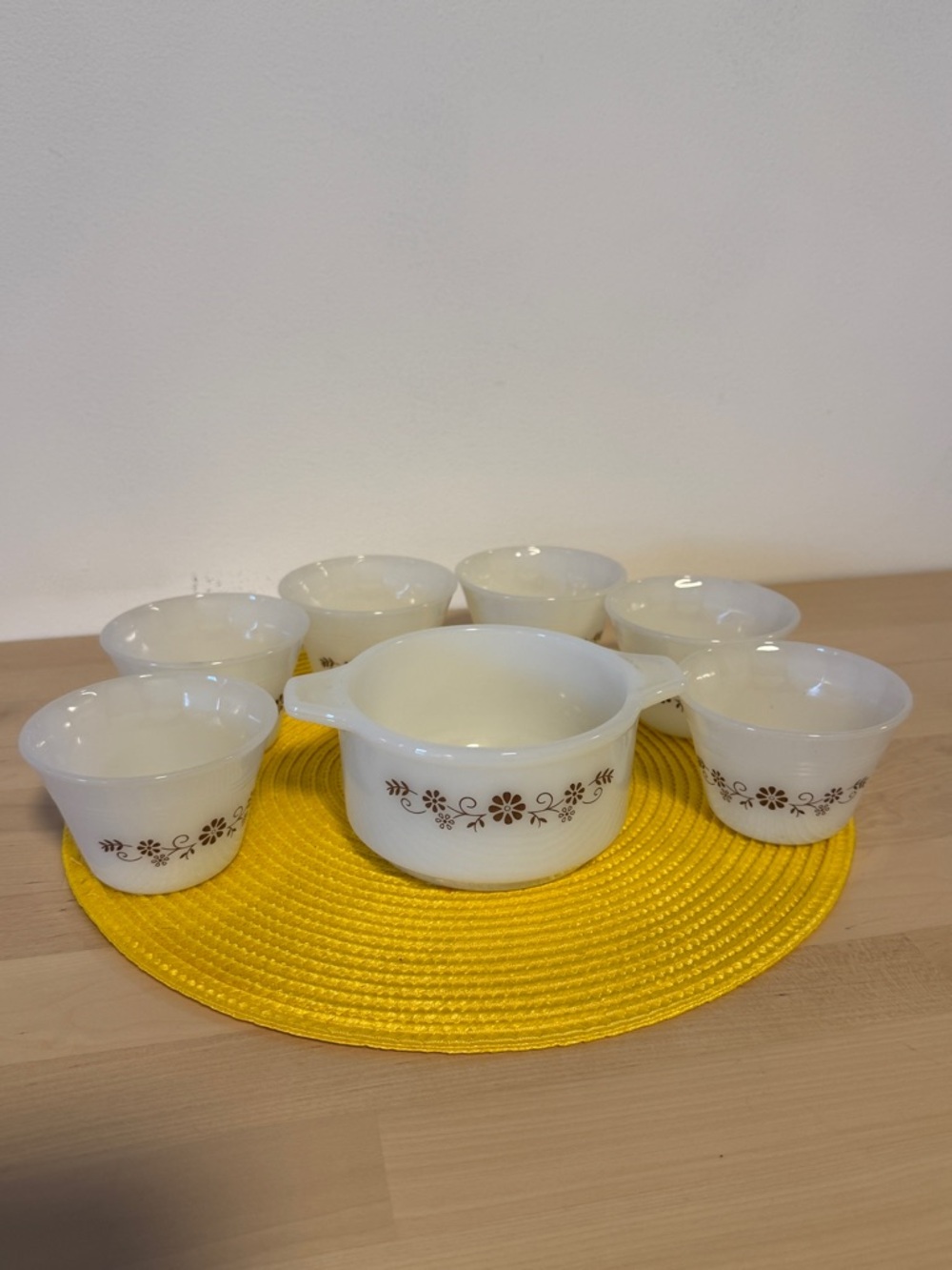 Vintage Dynaware Milk Glass Casserole and Bowls with Brown Daisy Pattern